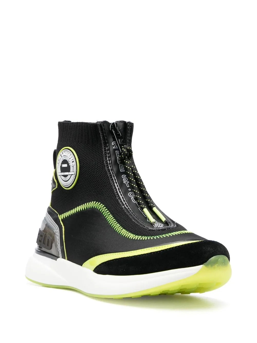 Logo high-top sneakers, black upper, neon green stitching, chunky white sole
