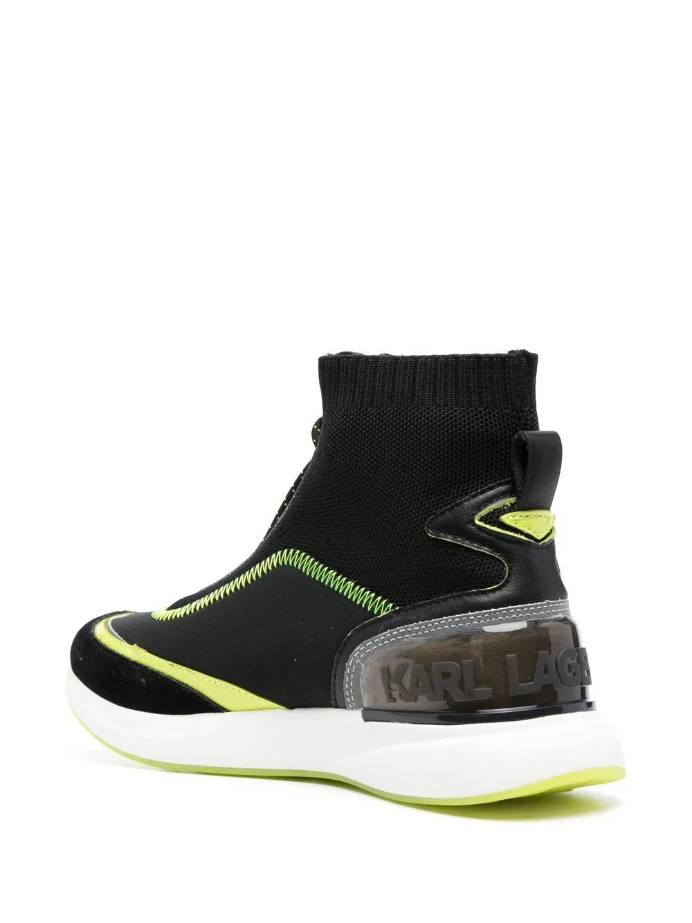 Black ankle high-top sneakers with neon heel patch and Karl Lagerfeld logo