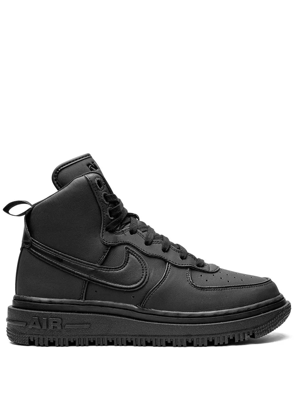 Nike Air Force 1 black lace-up sneaker boot with side swoosh and rubber sole