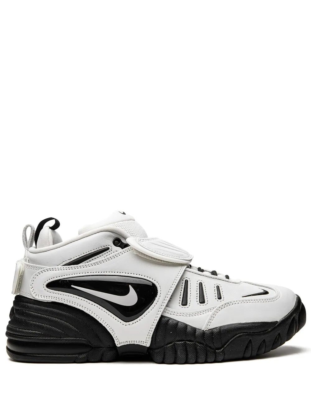 White and black high-top sneaker with side Nike swoosh and adjustable strap
