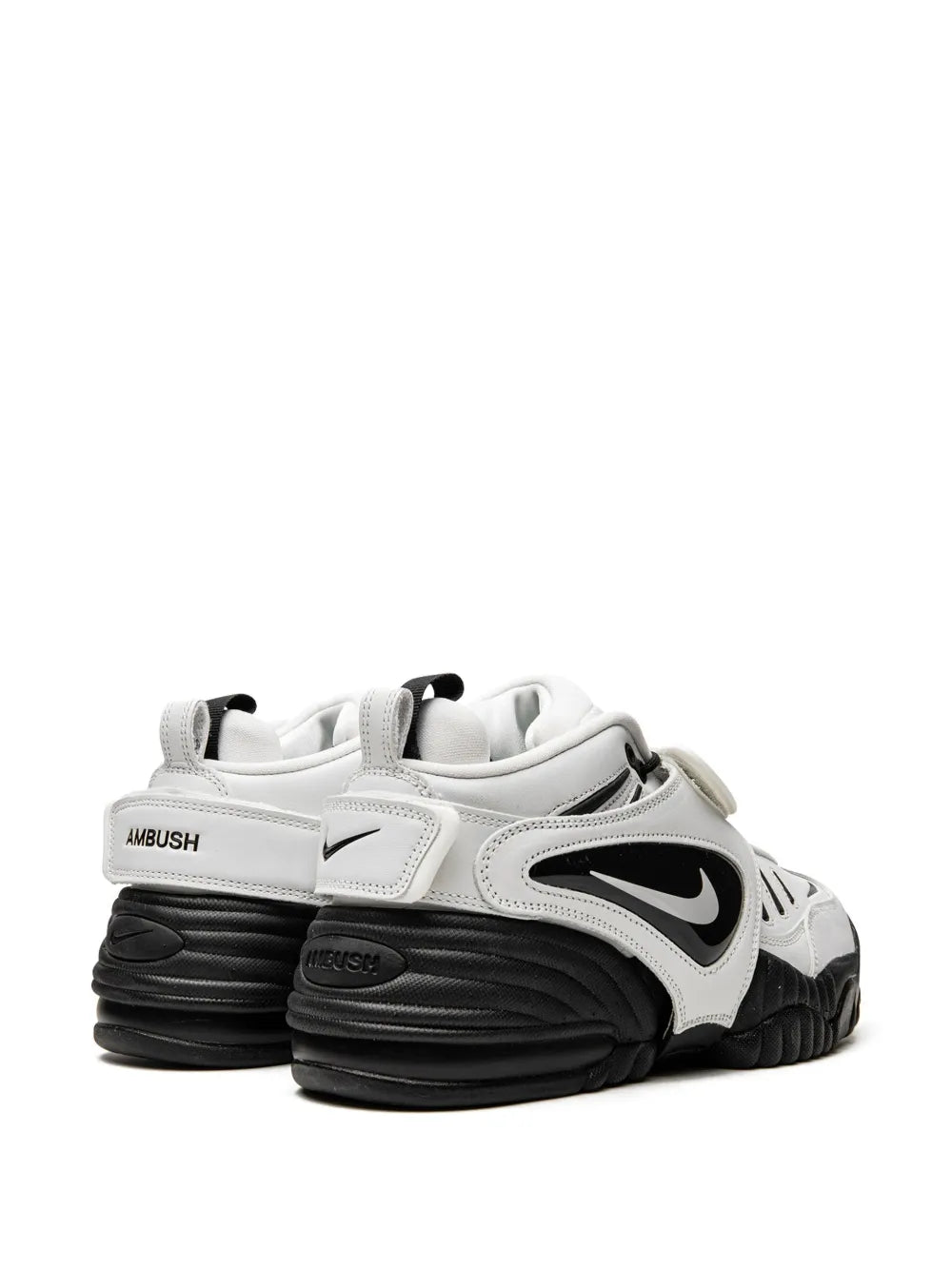 White and black high-top sneaker with AMBUSH heel tab and Nike swoosh