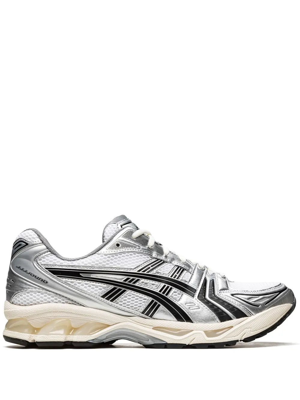 ASICS running sneaker in silver/white with black stripes, lace-up, cream cushioned sole