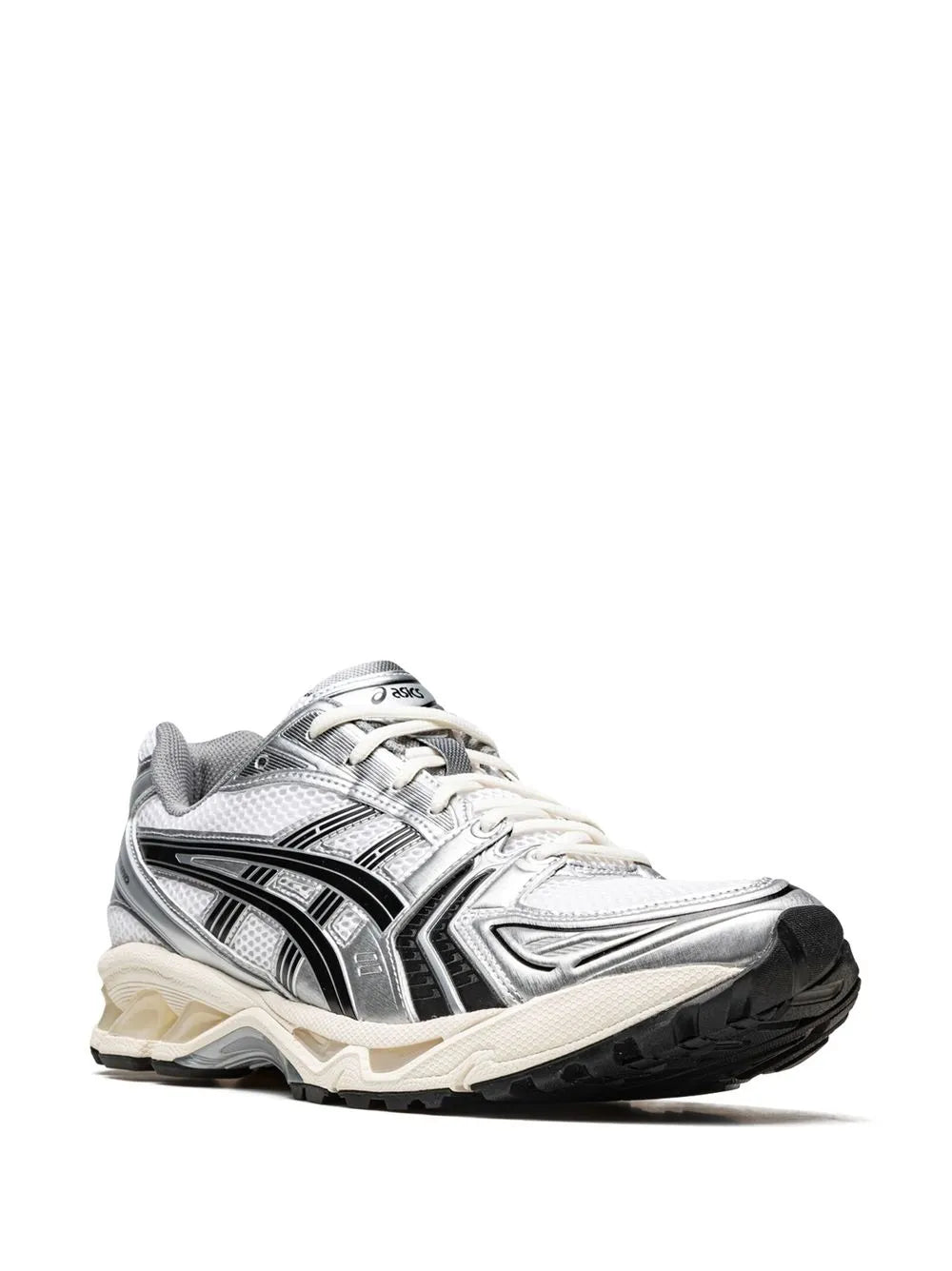 Silver/white ASICS running sneaker, angled side view with black accents and lace-up