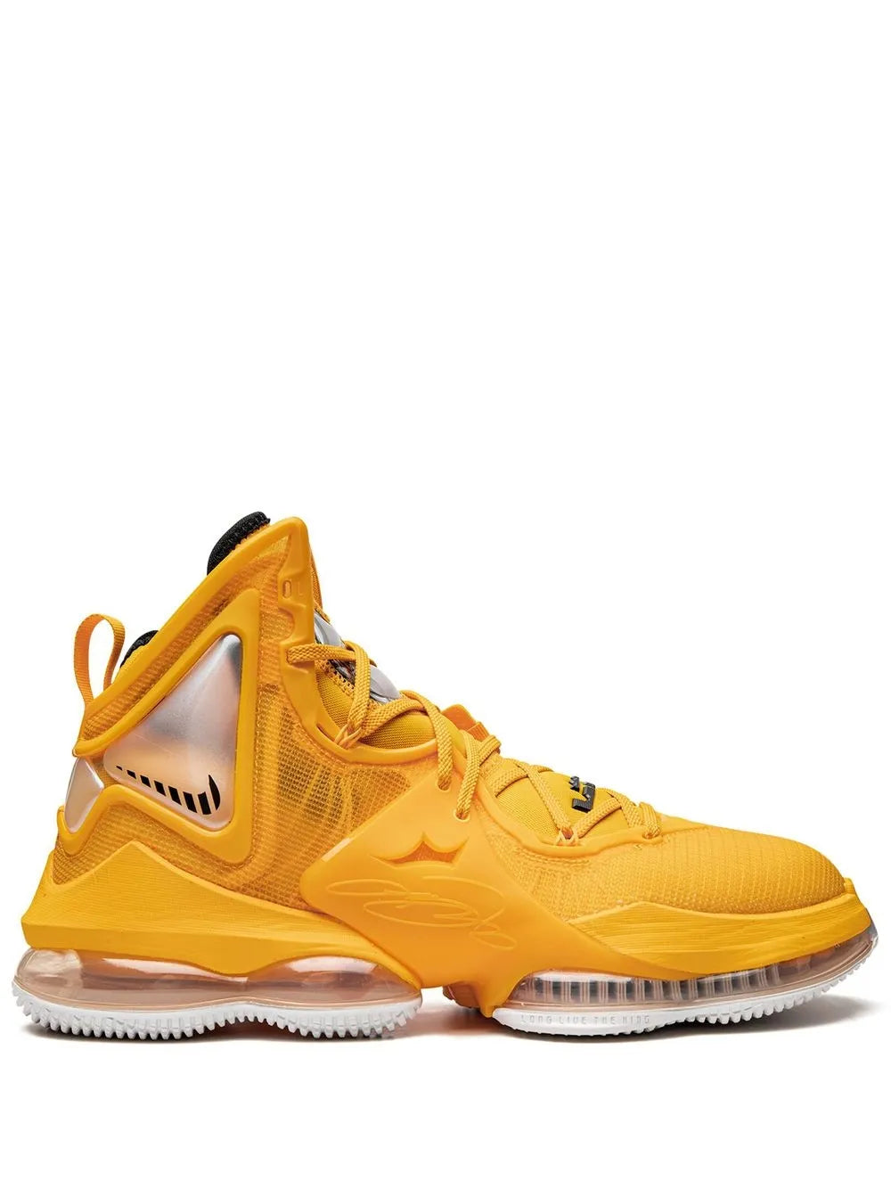 Nike LeBron 19 basketball shoes in yellow with orange accents, side view