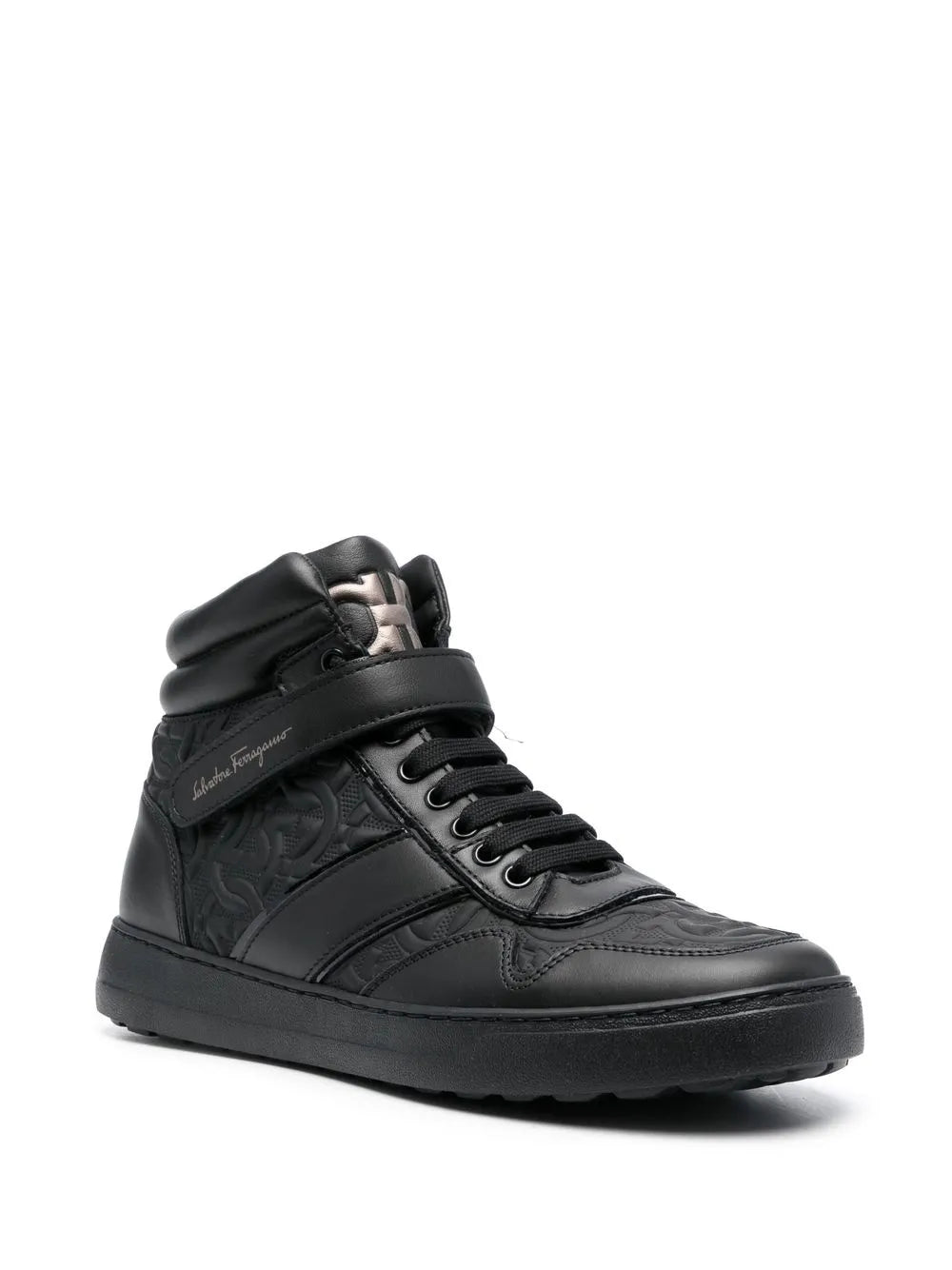 Ferragamo black hi-top sneakers with embossed side panels and padded collar