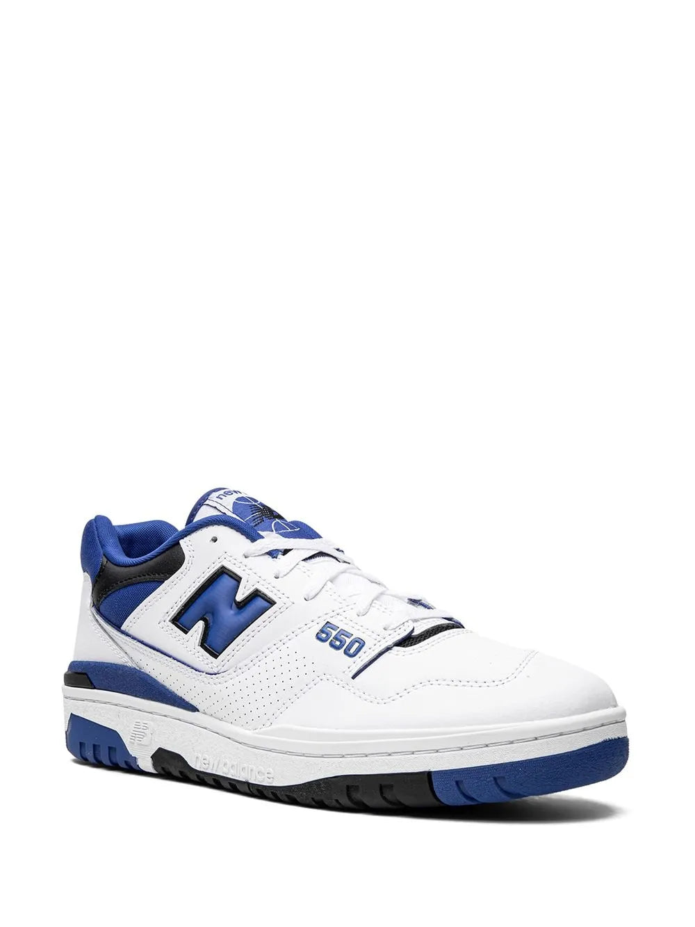 New Balance 550 low-top sneakers side view, white upper with blue heel and N logo