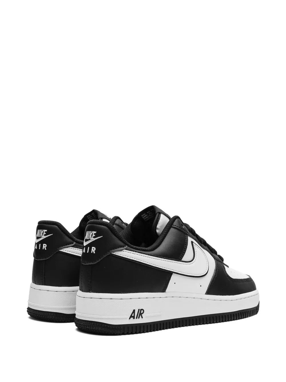 Pair of black and white Nike Air Force 1 '07 low-top sneakers, side and heel views