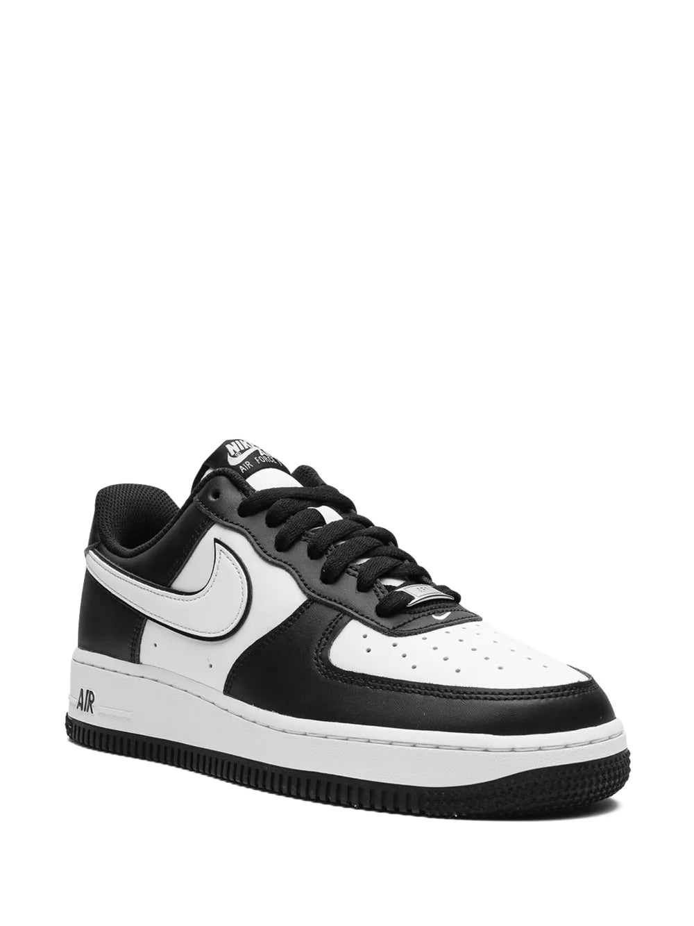Black and white Nike Air Force 1 '07 low-top sneakers, side view with swoosh