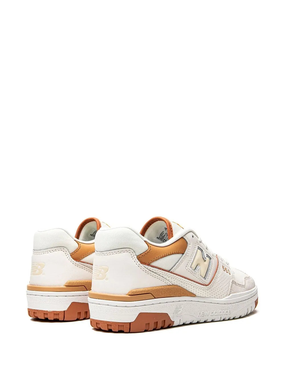 Beige and white lace-up sneakers, rear view with orange heel lining