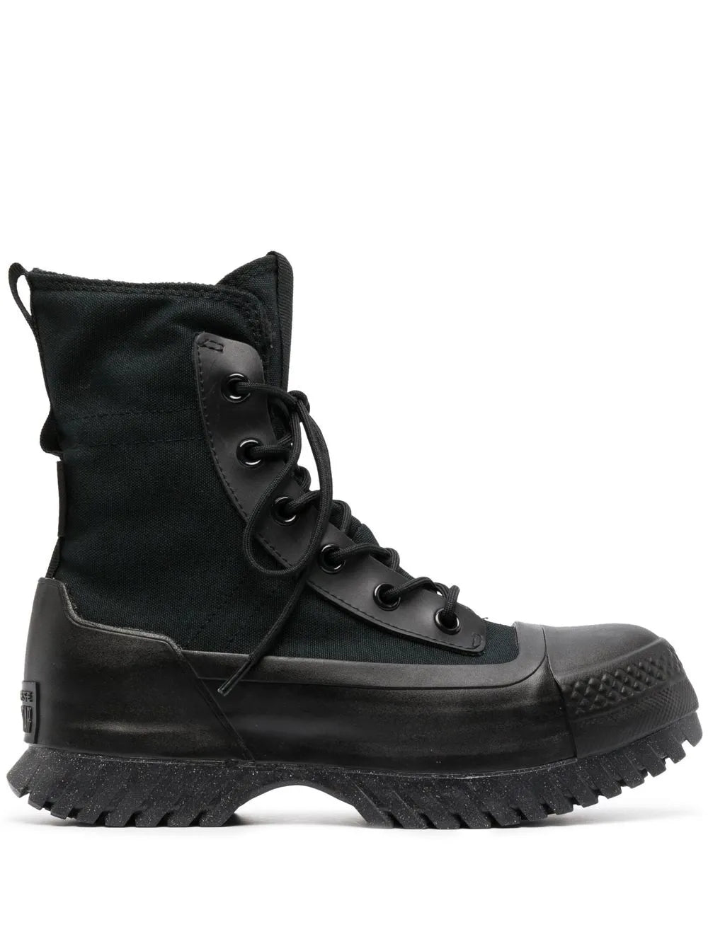 Black lugged high-top sneaker boot with canvas upper, lace-up front and rubber sole