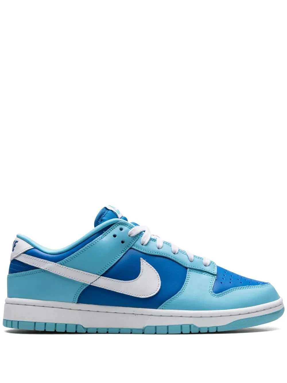Light blue low-top sneakers with white swoosh and blue laces