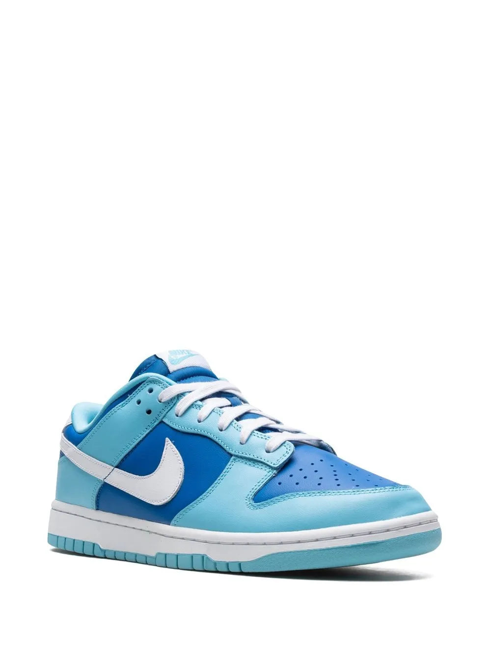 Light blue low-top sneakers with white swoosh and lace-up front