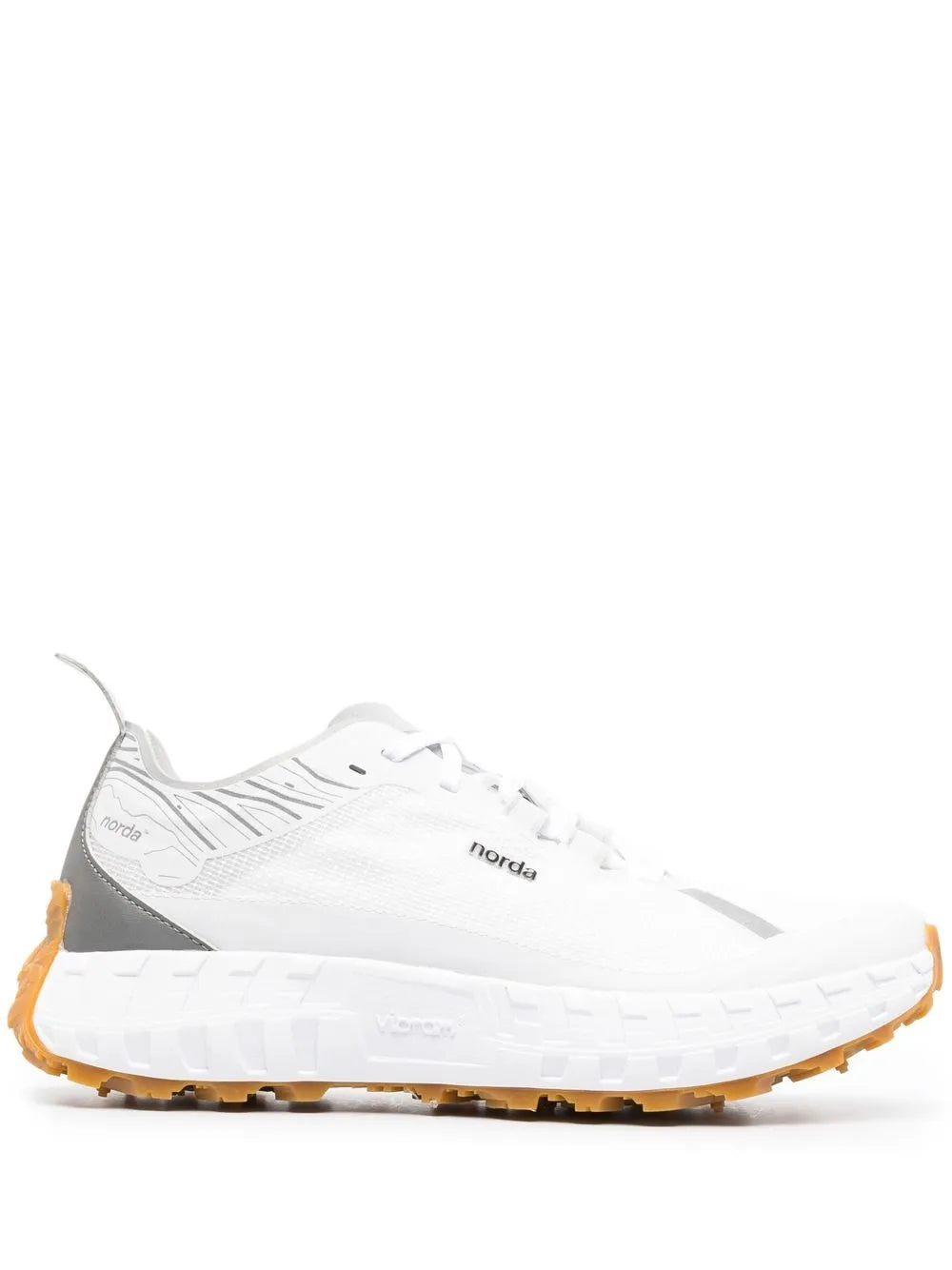 norda 001 Dyneema white running shoe with orange tread outsole and laces