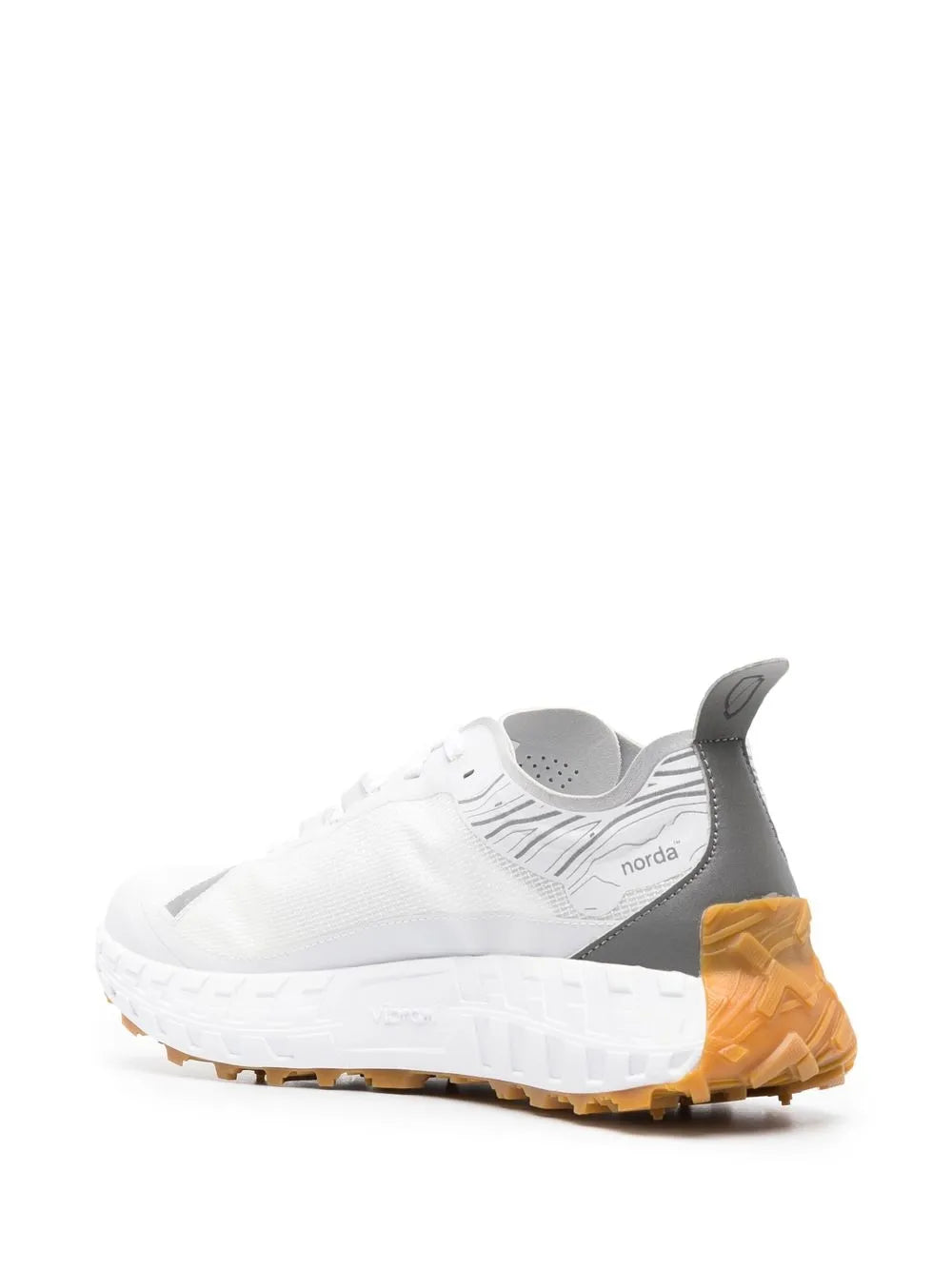 norda 001 Dyneema white sneaker with gray heel panel and orange outsole