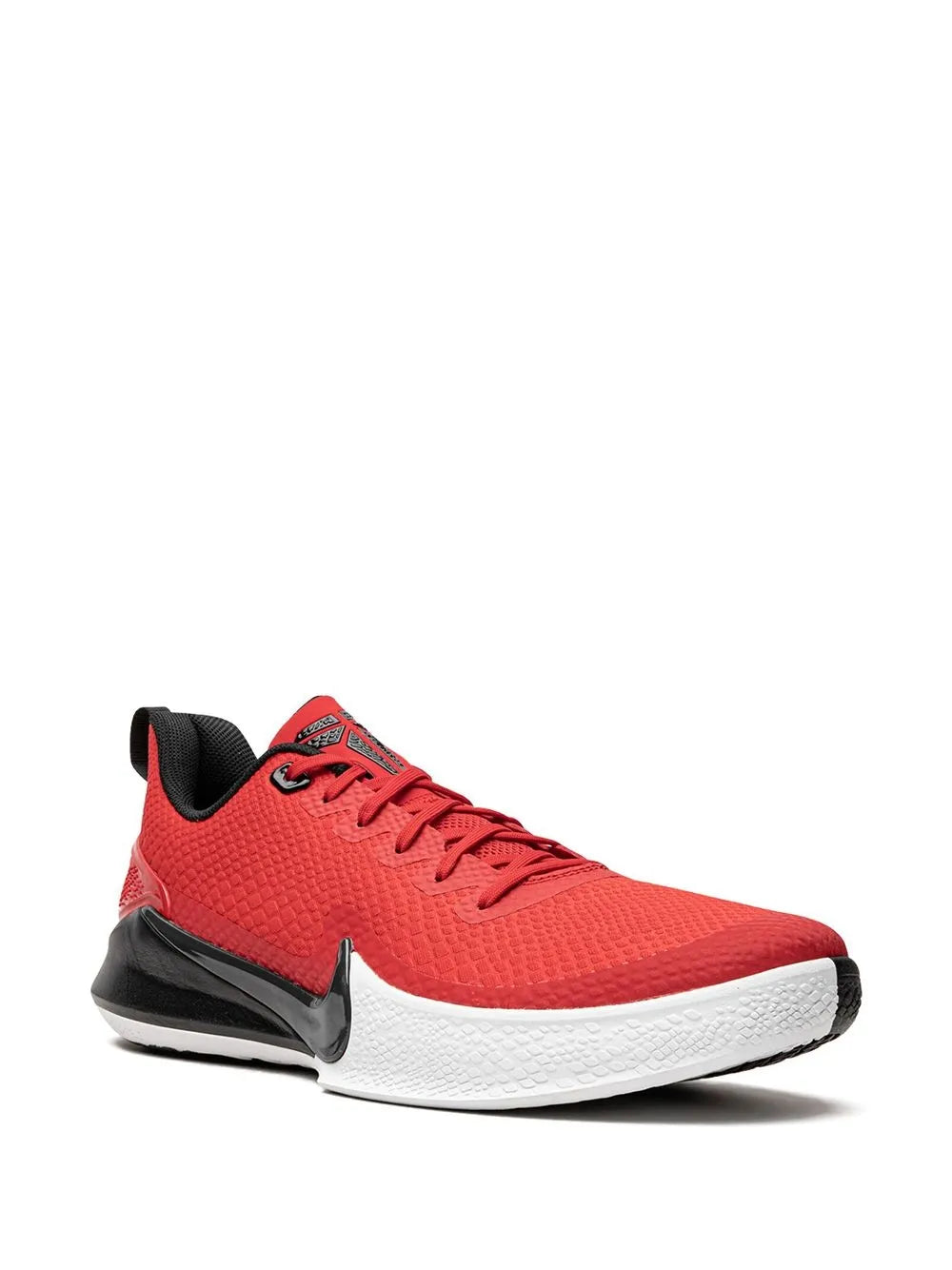 Red Nike low-top sneakers, side view, black swoosh with white sole