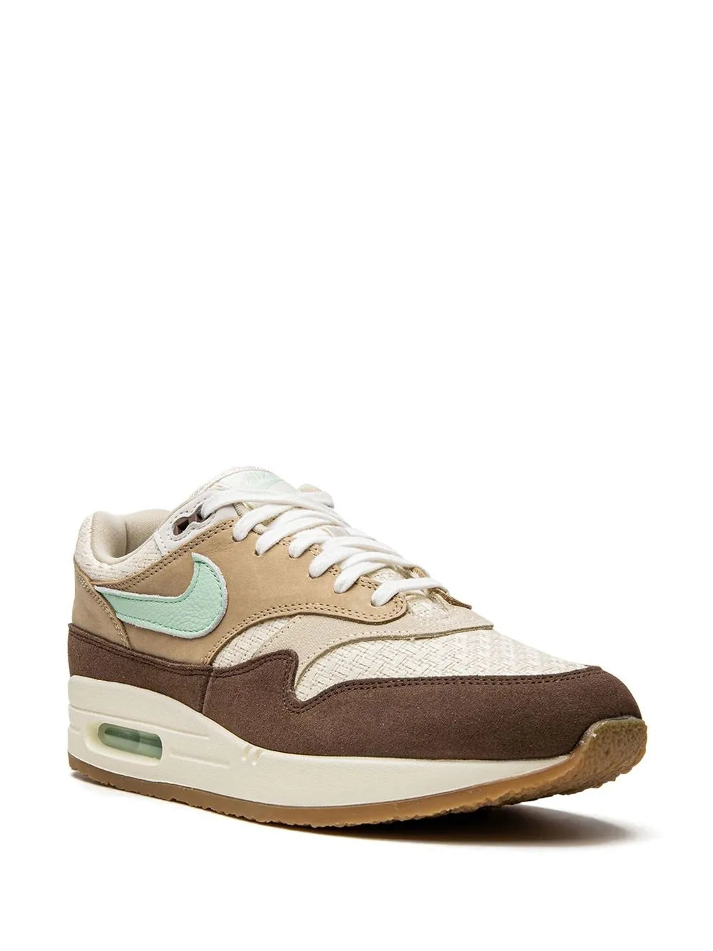Nike Air Max 1 side view, beige suede sneaker with mint swoosh and brown toe