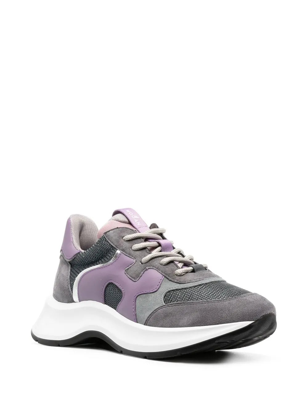 Hogan lace-up sneakers, grey upper with purple side panel and chunky white midsole