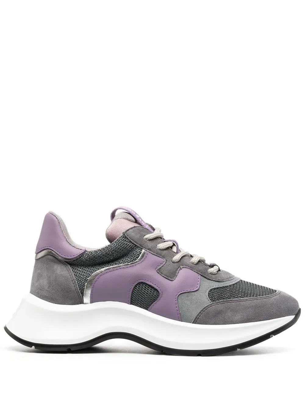 Hogan lace-up sneakers with grey panels, purple accents, and chunky white sole
