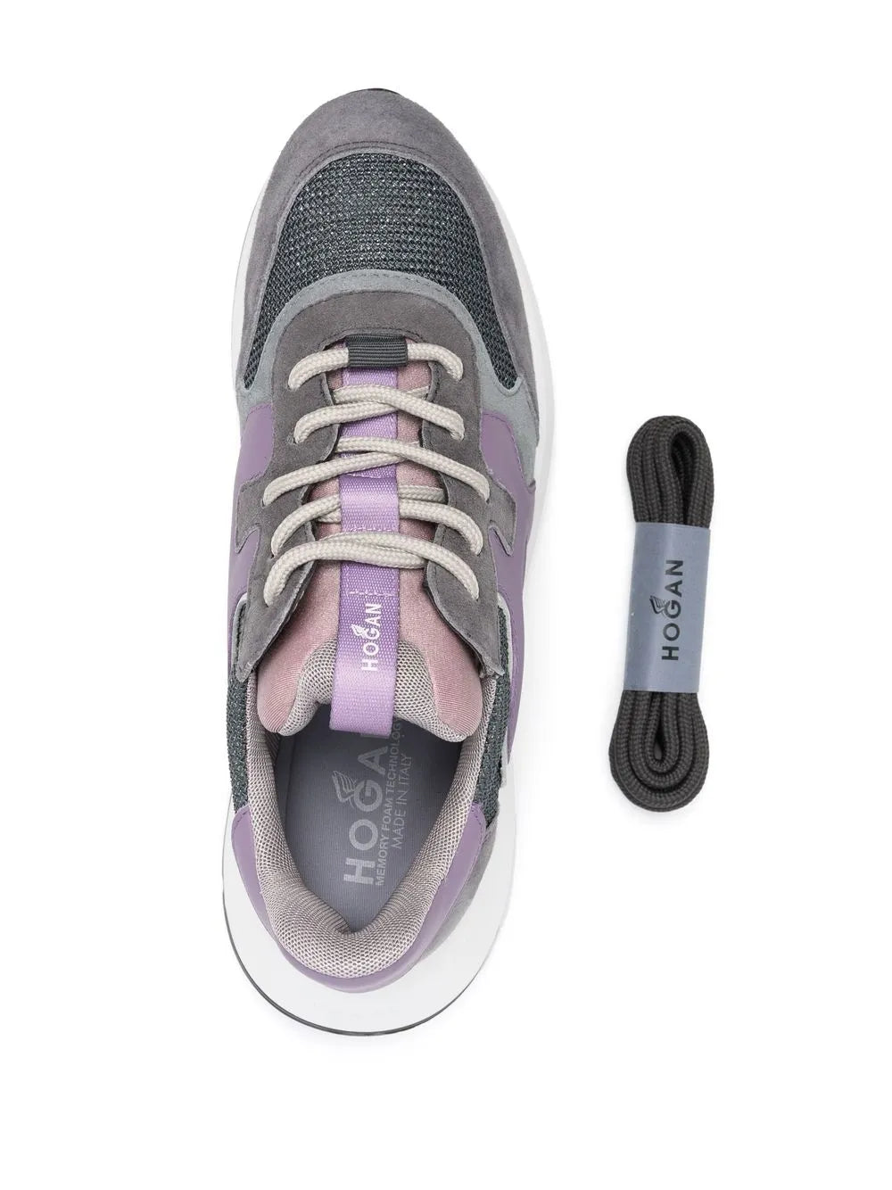 Hogan lace-up sneakers, grey mesh toe with purple tongue and laces
