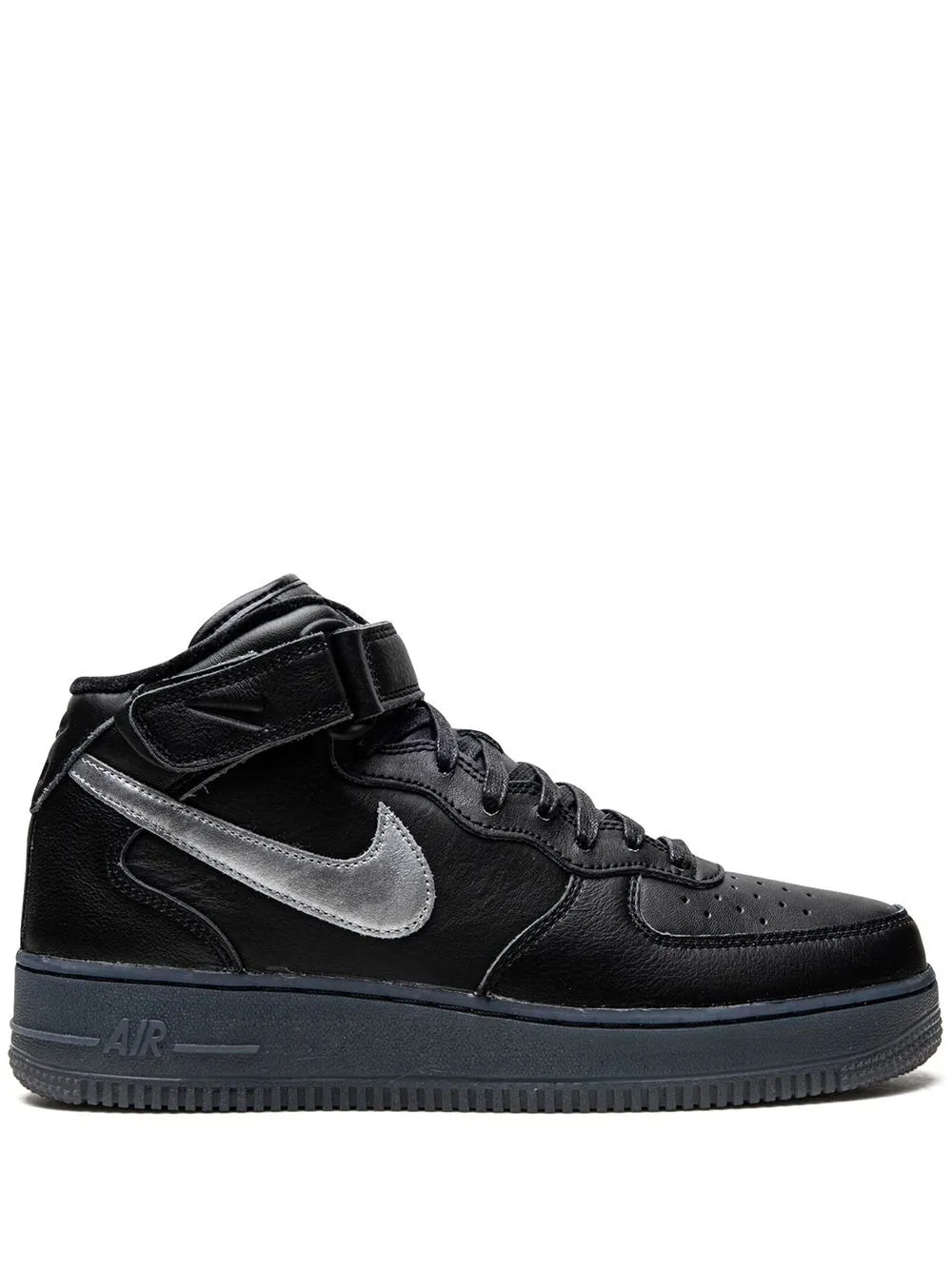 Nike Air Force 1 Mid black mid-top sneaker with gray Swoosh and lace-up design