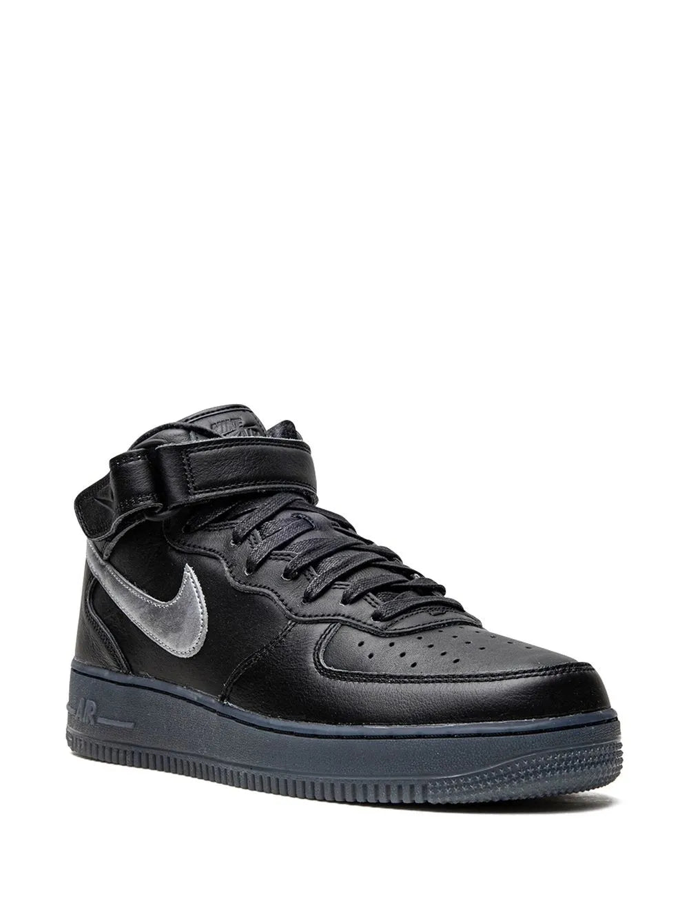 Nike Air Force 1 Mid black mid-top sneaker with gray Swoosh and ankle strap