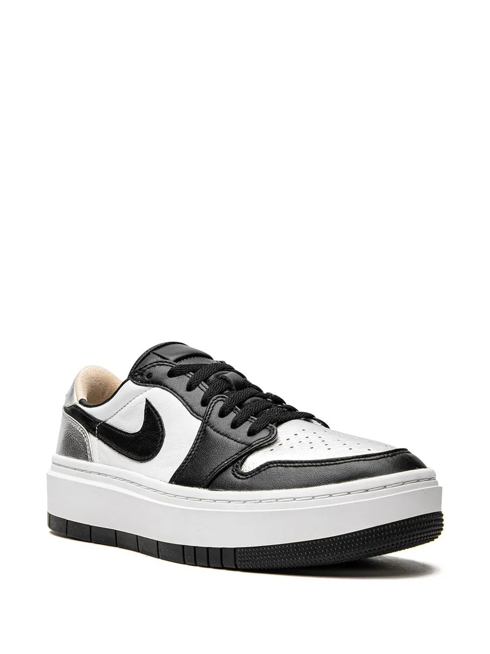 Black and white Air Jordan 1 low-top sneaker, side view with black swoosh