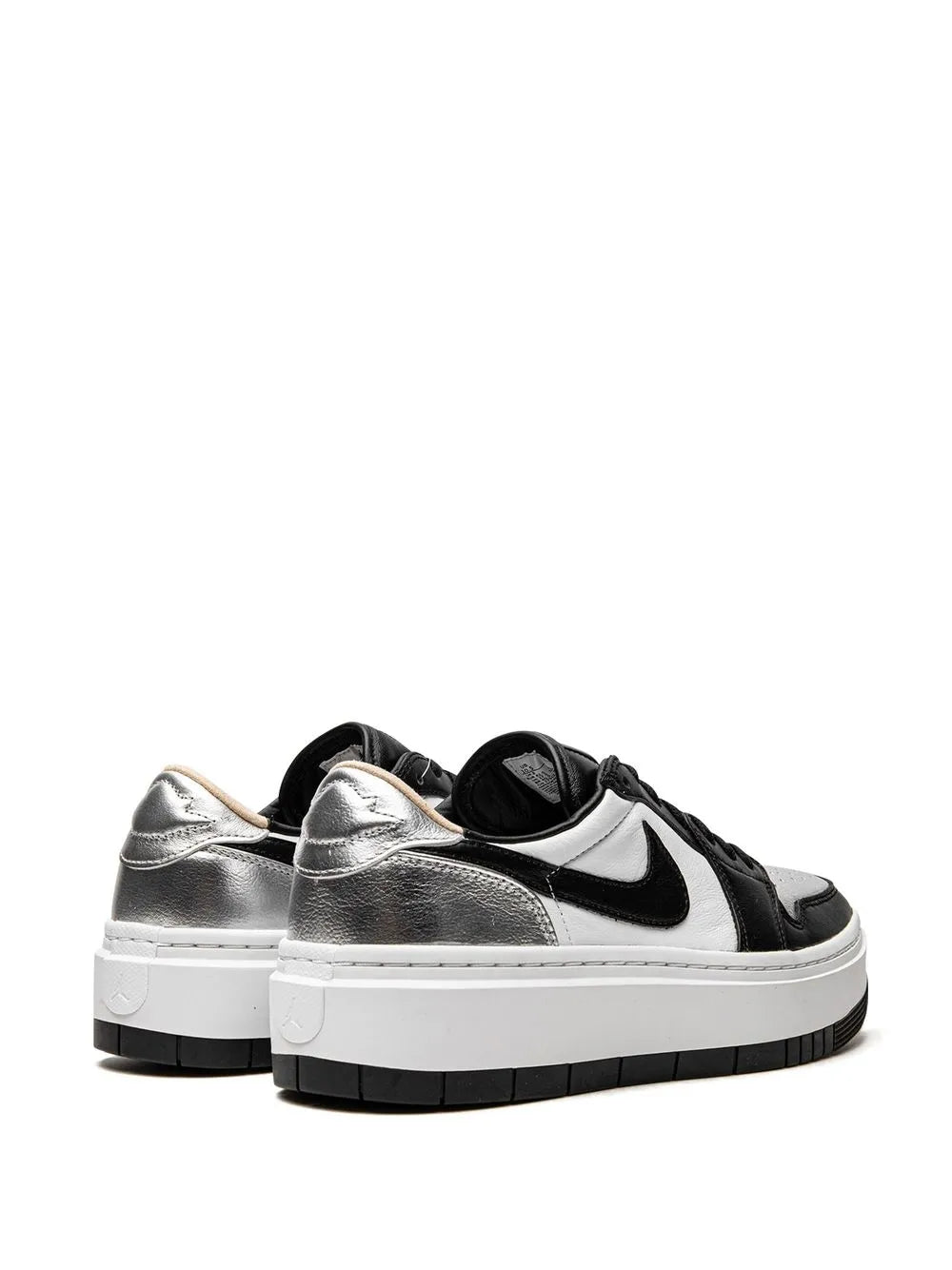 Air Jordan 1 low-top sneaker pair, black and white with metallic heel panels