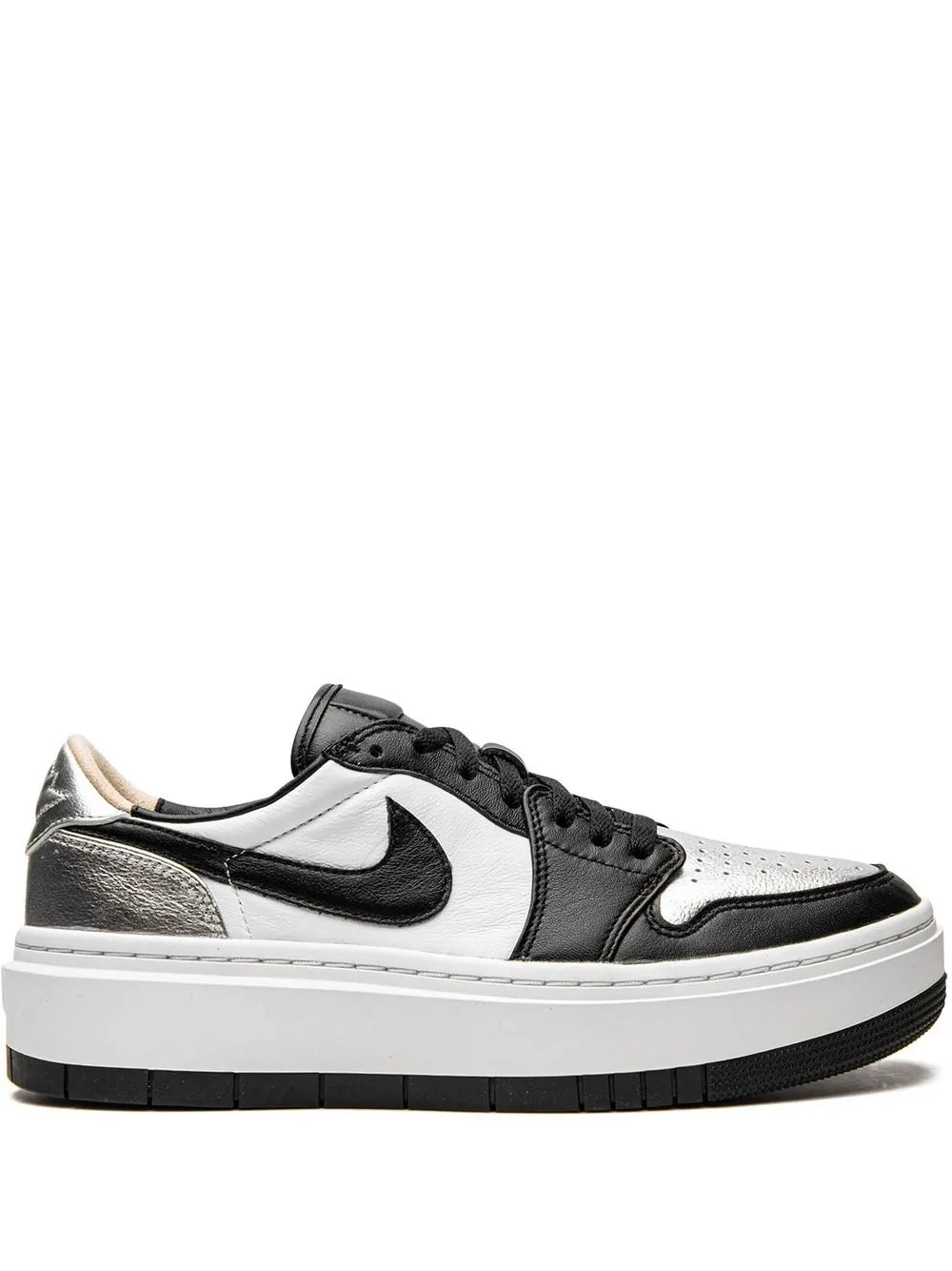 Black and white Air Jordan 1 low-top sneaker with swoosh and lace-up design
