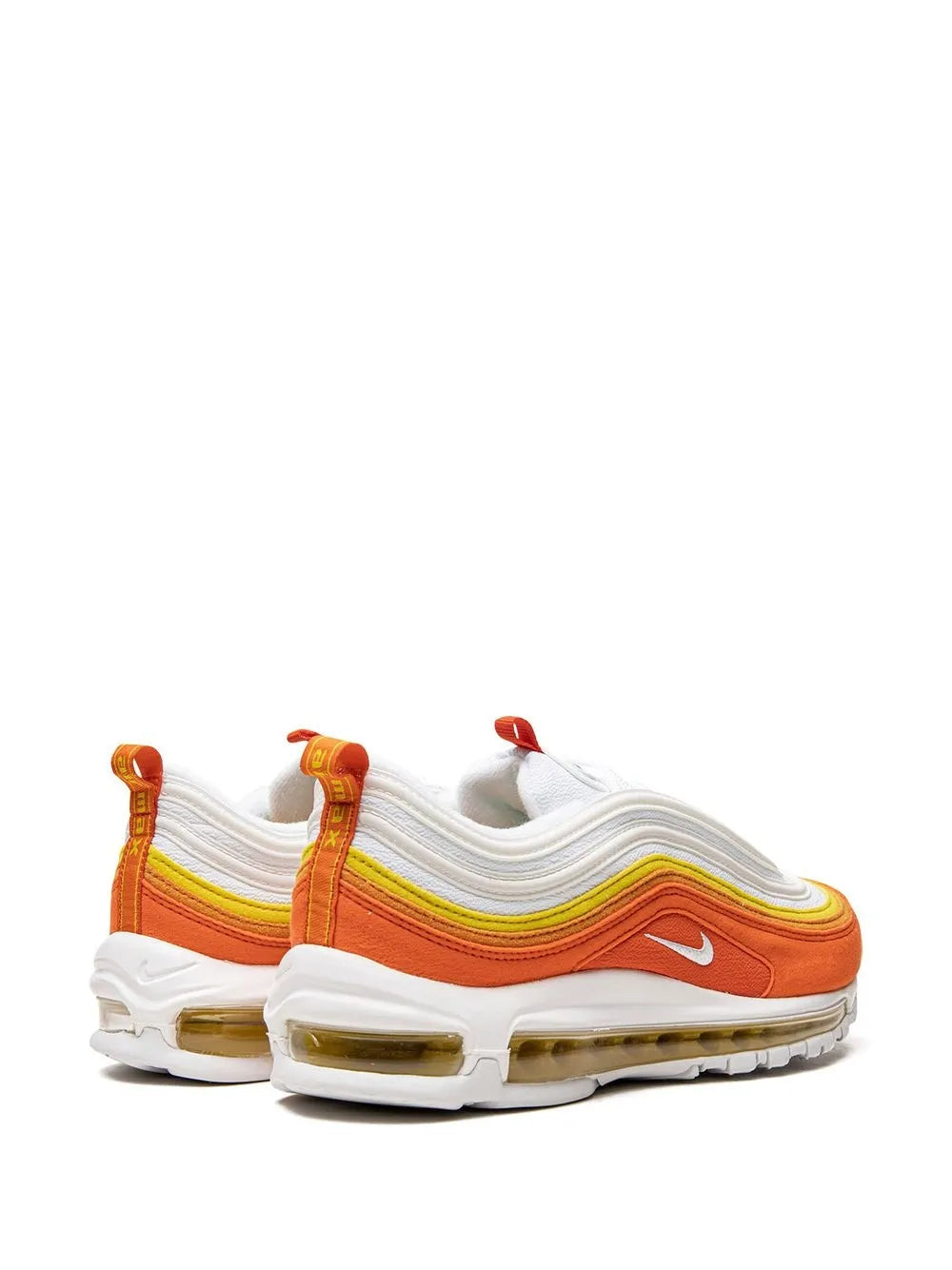 Nike running sneakers in white and orange, with heel pull tabs and Air cushioning