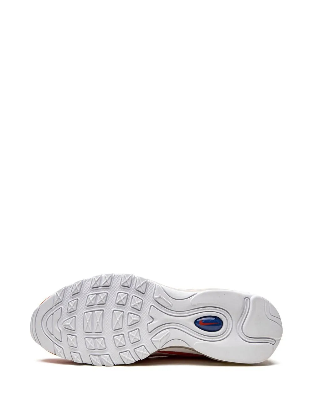 Nike running shoe outsole with gray tread and blue-red heel accent
