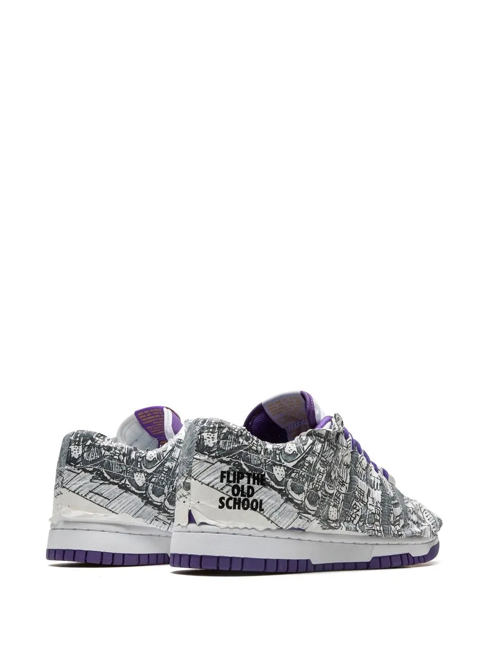 Low-top sneakers with black-and-white graphic print, purple heel tab and lace-up back