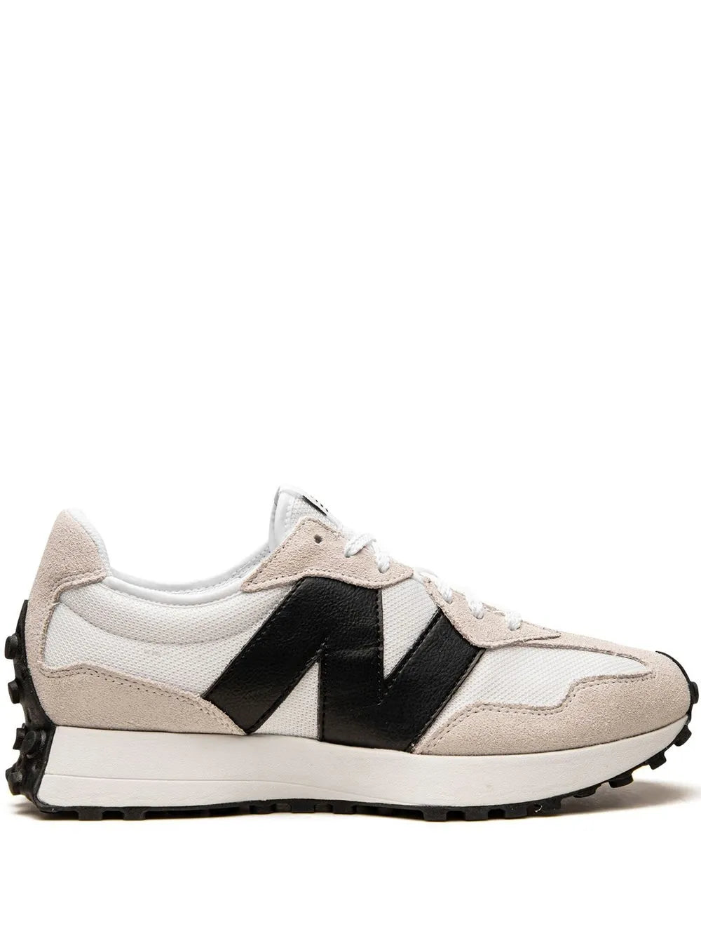 Cream and black sneakers with black N logo, white laces, chunky outsole