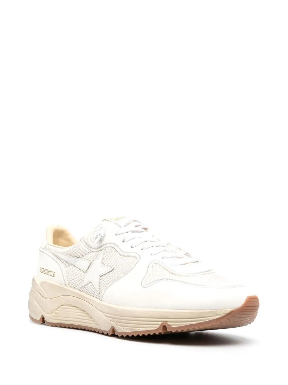 Golden Goose low-top sneakers with white uppers, lace-up front and tan rubber outsole