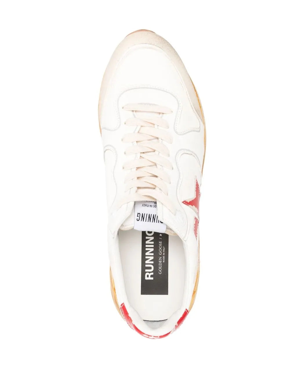 White low-top sneaker with lace-up front and 'RUNNING' insole lining