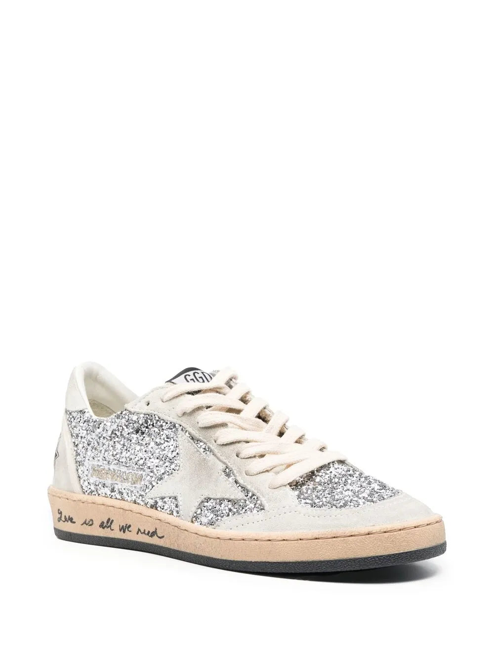 Silver glitter and light gray sneakers, lace-up design with beige rubber sole