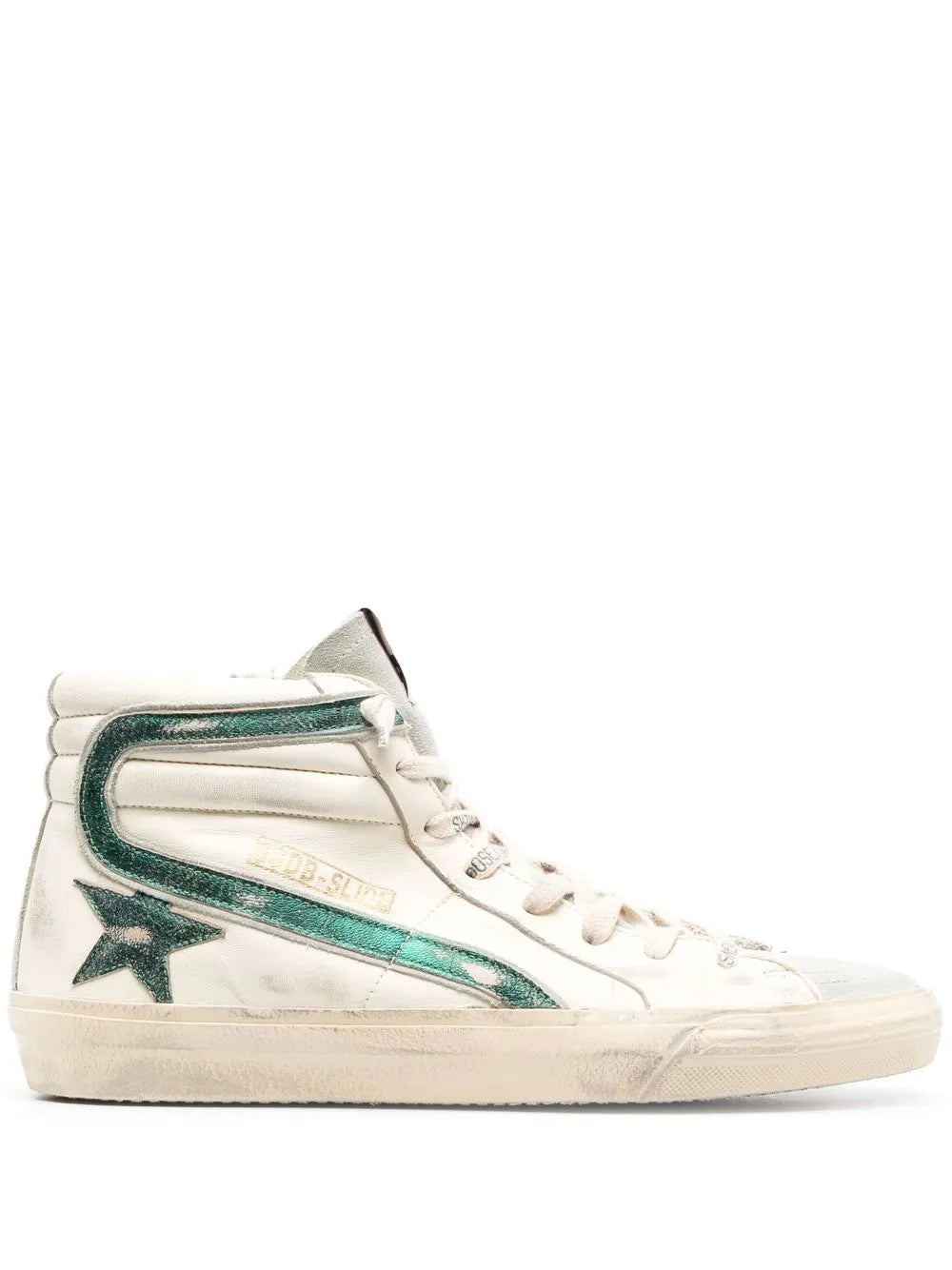 Golden Goose high-top sneakers, distressed white leather with teal star and side stripe