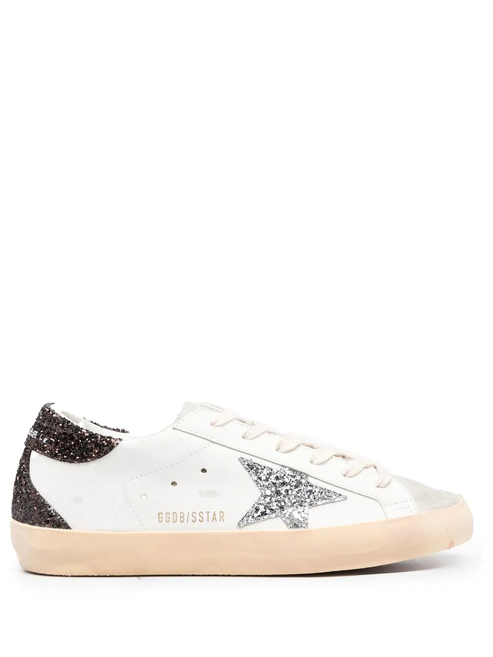 Golden Goose white leather low-top sneaker with glitter star and gum sole