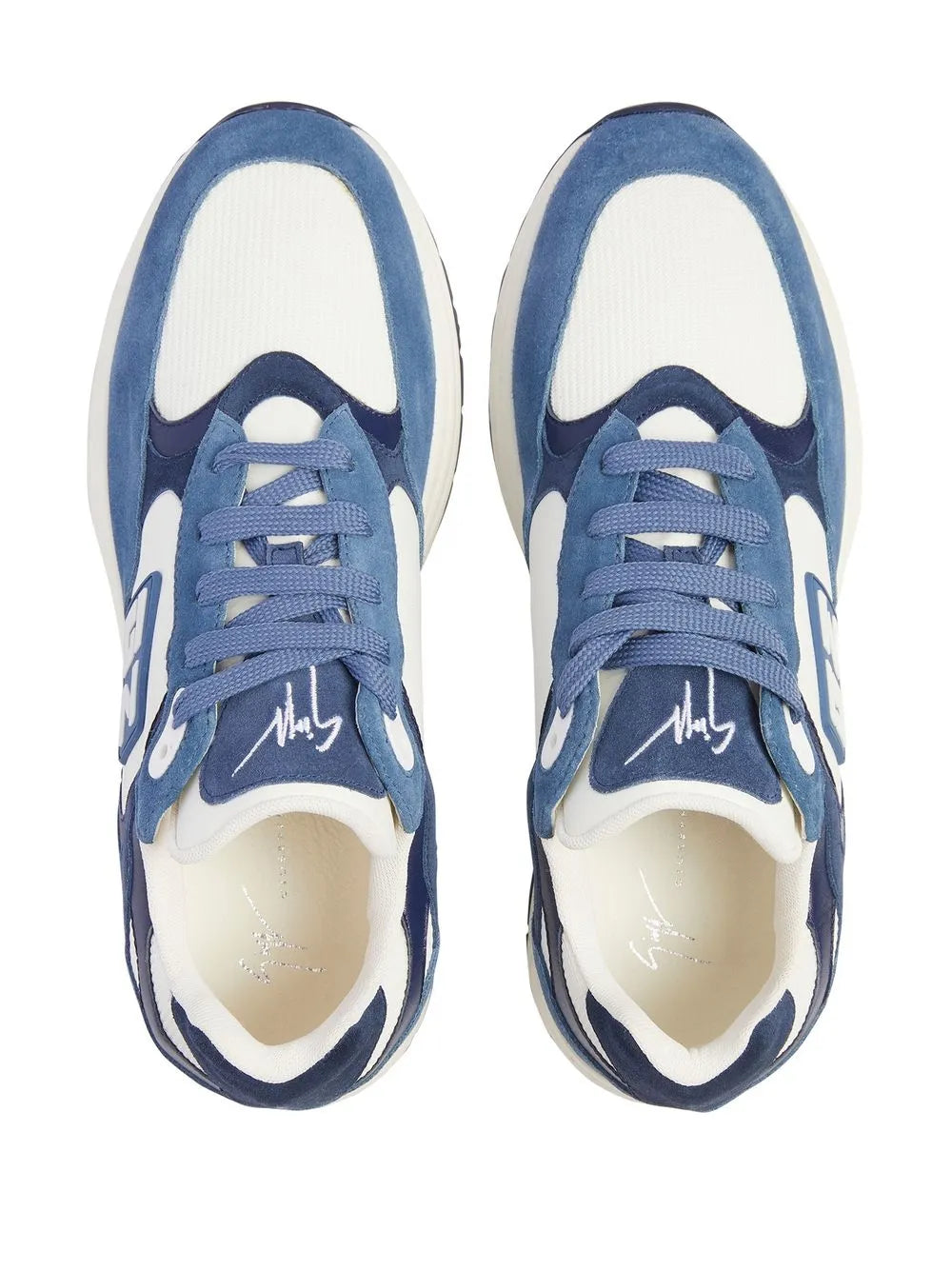 Giuseppe Zanotti lace-up low-top sneakers, front view in white and blue with GZ logo