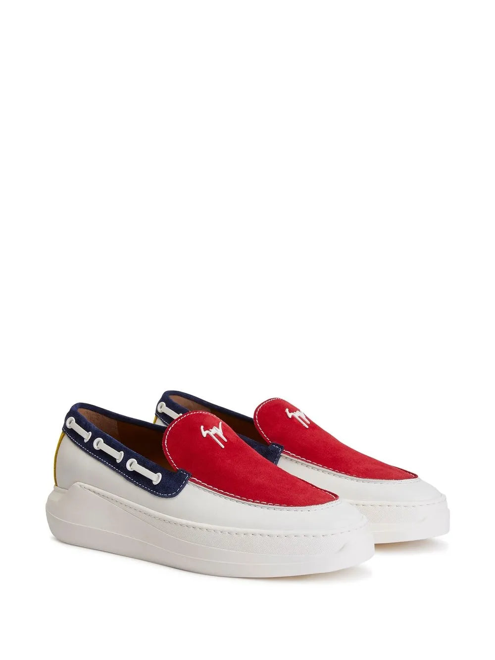 Color-block low-top sneakers in white with red panels and navy strap with eyelets