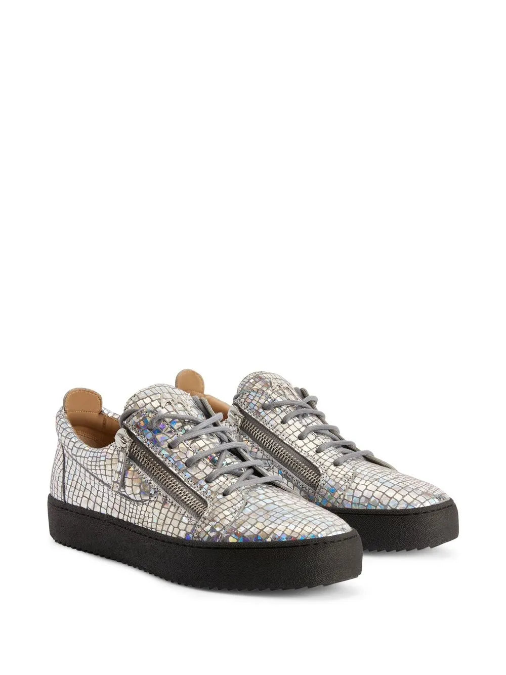 Low-top sneakers with silver iridescent mosaic uppers, lace-up and black rubber sole
