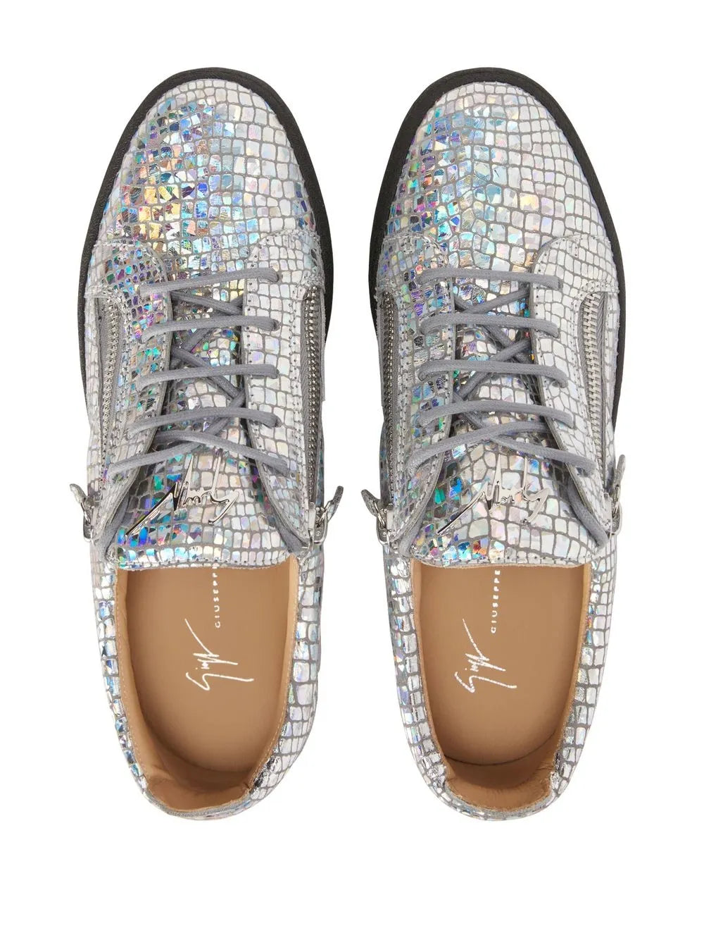 Pair of low-top sneakers, silver iridescent mosaic uppers, lace-up with brown insoles