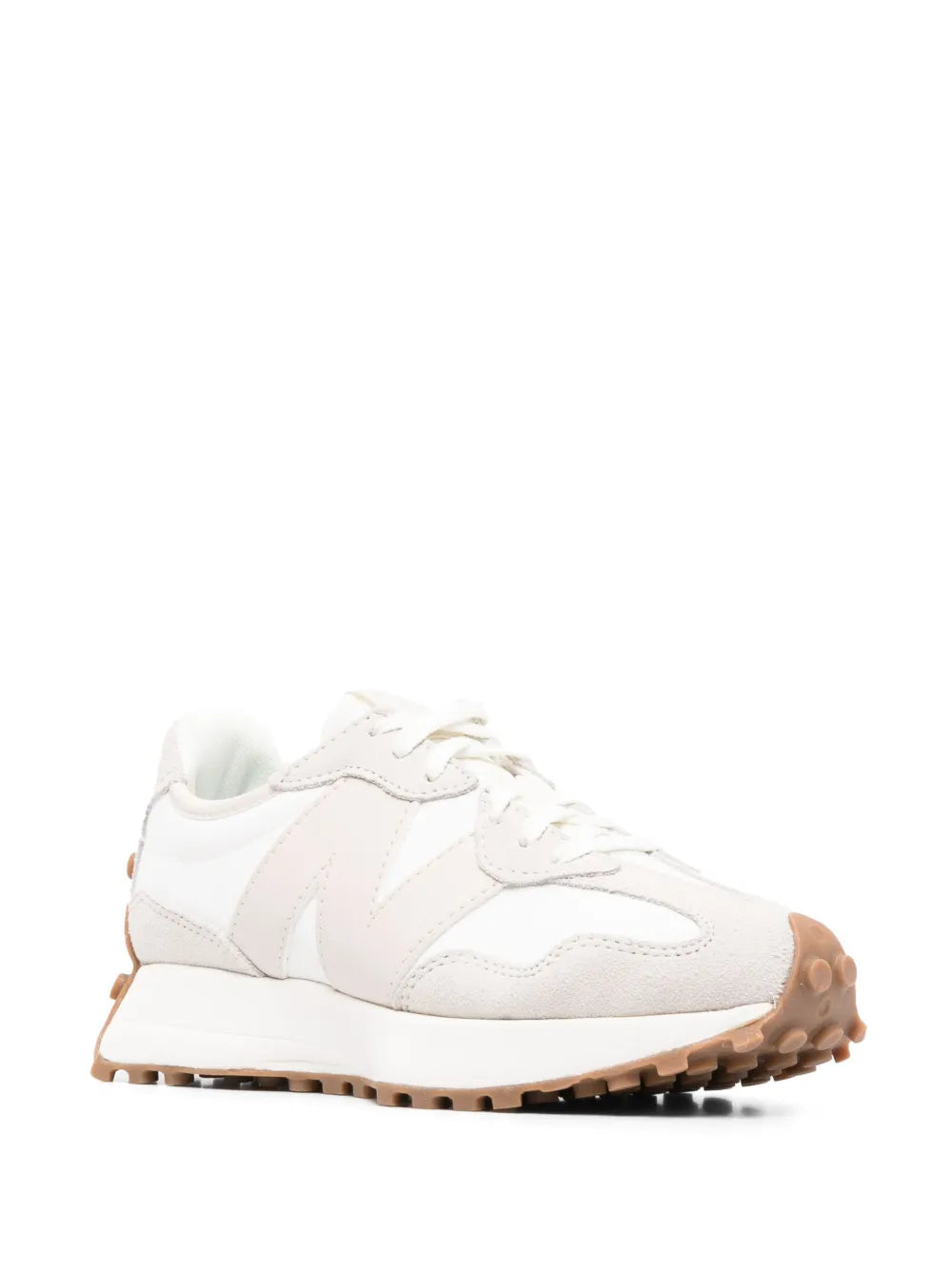 New Balance low-top sneaker, side view in white with tan gum outsole