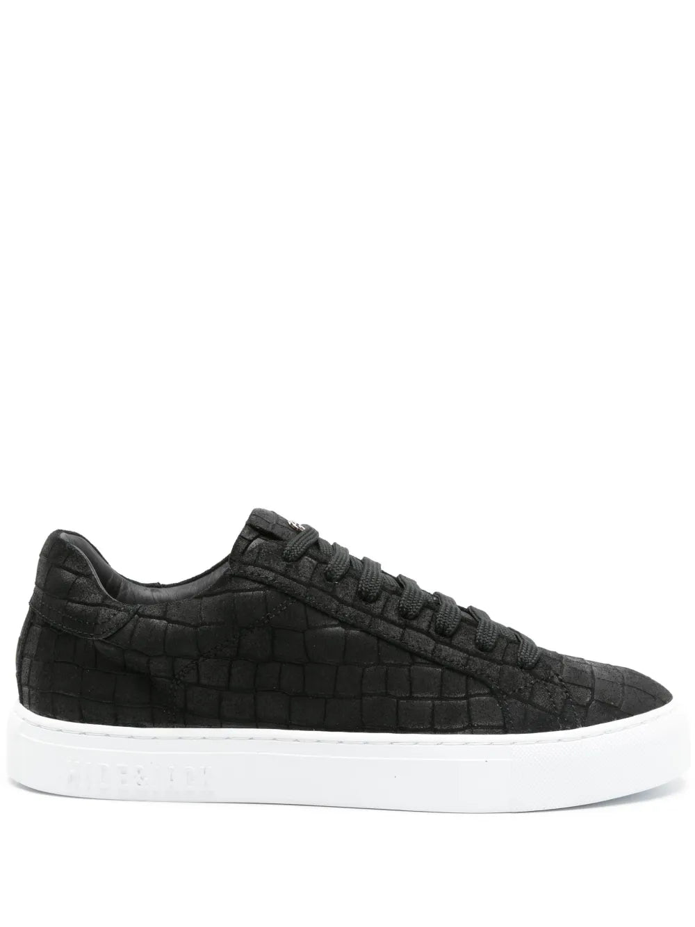 Black suede low-top sneakers with croc-embossed texture and white rubber sole