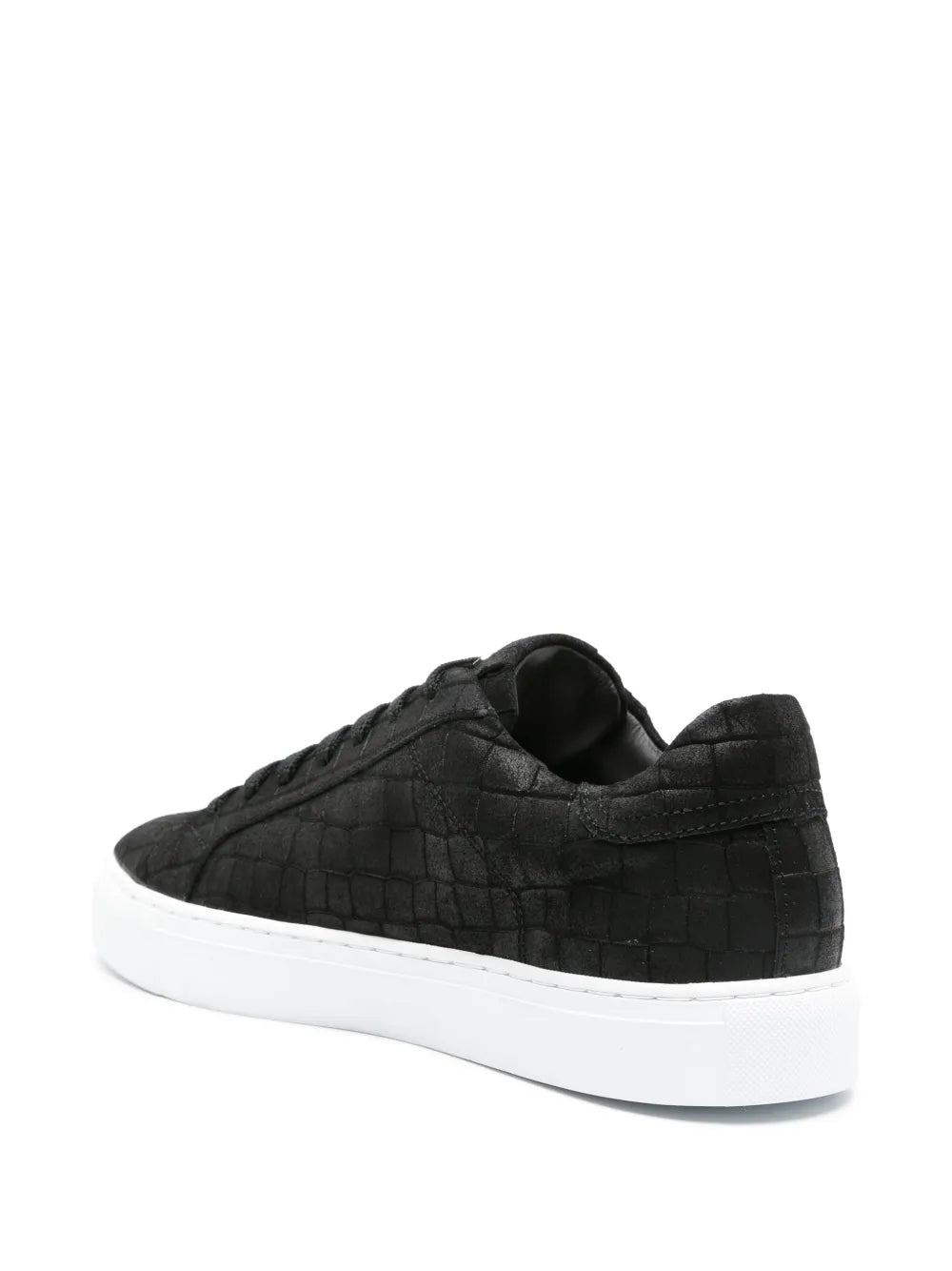 Black suede low-top sneakers with croc-embossed upper and white rubber sole