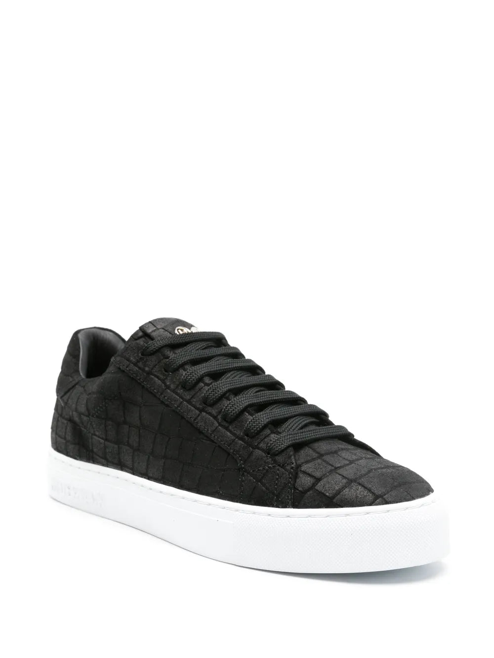 Black suede low-top sneakers, embossed croc texture, white rubber sole