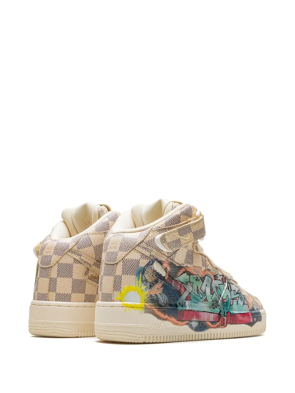 Beige mid-top Air Force 1 sneaker heel view with graffiti wrap
