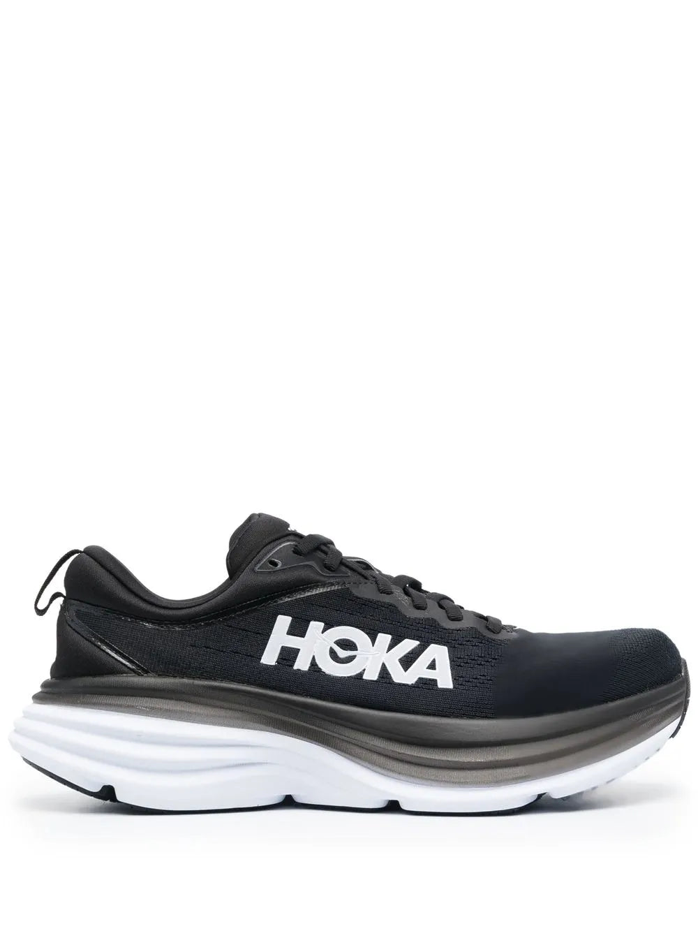 HOKA Bondi 8 black lace-up sneakers with white HOKA logo and white midsole