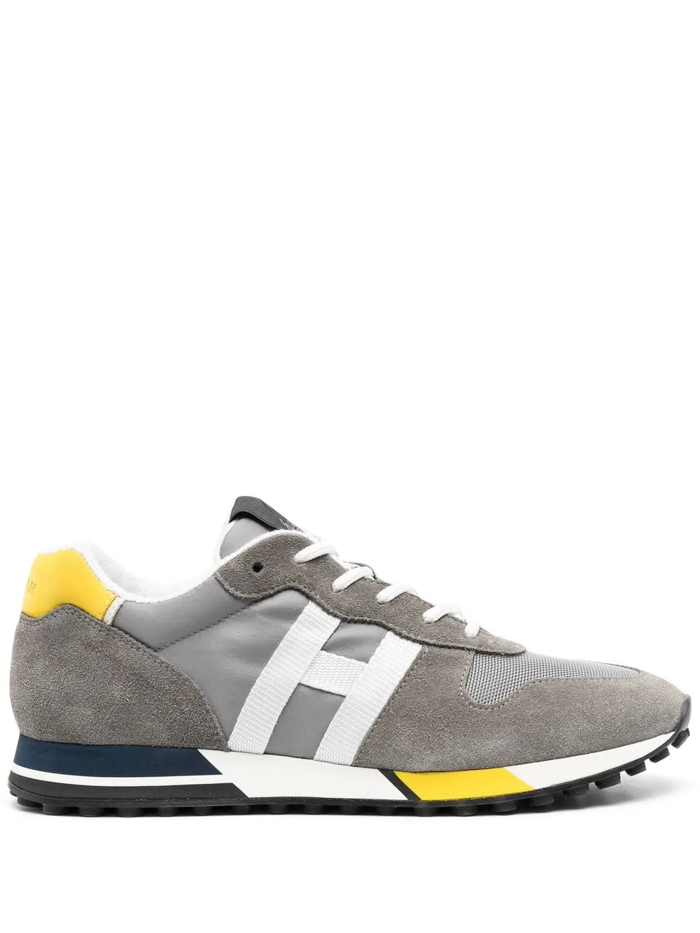 Gray suede panelled lace-up sneakers with white stripes, yellow heel detail, black sole