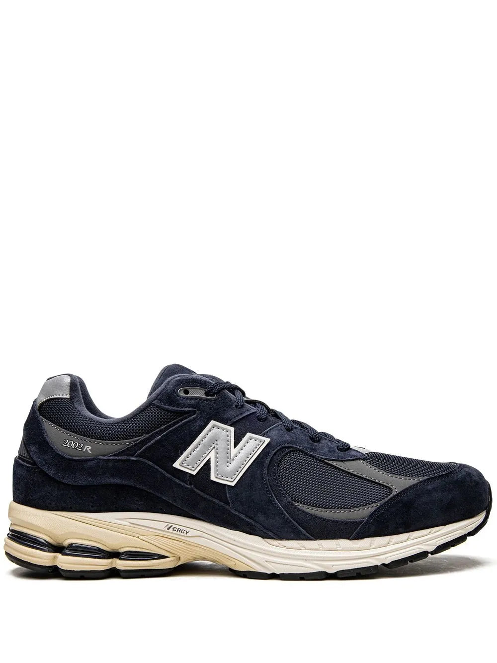 New Balance 2002R dark navy suede sneakers with silver N logo and cream sole