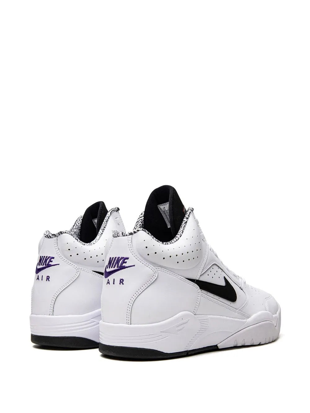 Nike Air Flight Lite mid-top sneakers rear view, white with black swoosh and Nike heel logos
